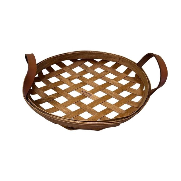 Round Woven Basket With Leather Handles By Workshops Of Gerald E. Henn Handcraft - Picture 1 of 6